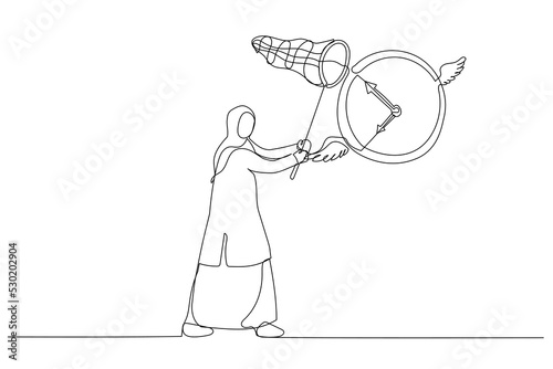 Cartoon of muslim businesswoman hurry to catch flying clock . Lack of time and project deadline concept. Continuous line art