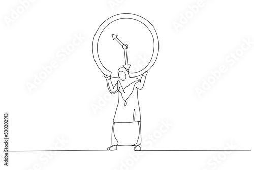 Illustration of muslim businesswoman salary woman carry heavy big clock burden. Time management failure concept. One continuous line art style