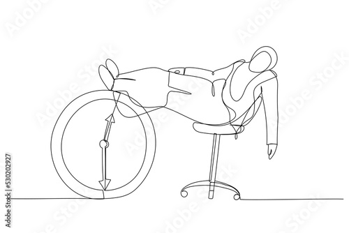 Cartoon of muslim businesswoman sleeping lay down on office chair and alarm clock covered his face with book. Afternoon slump, laziness metaphor. Single continuous line art style