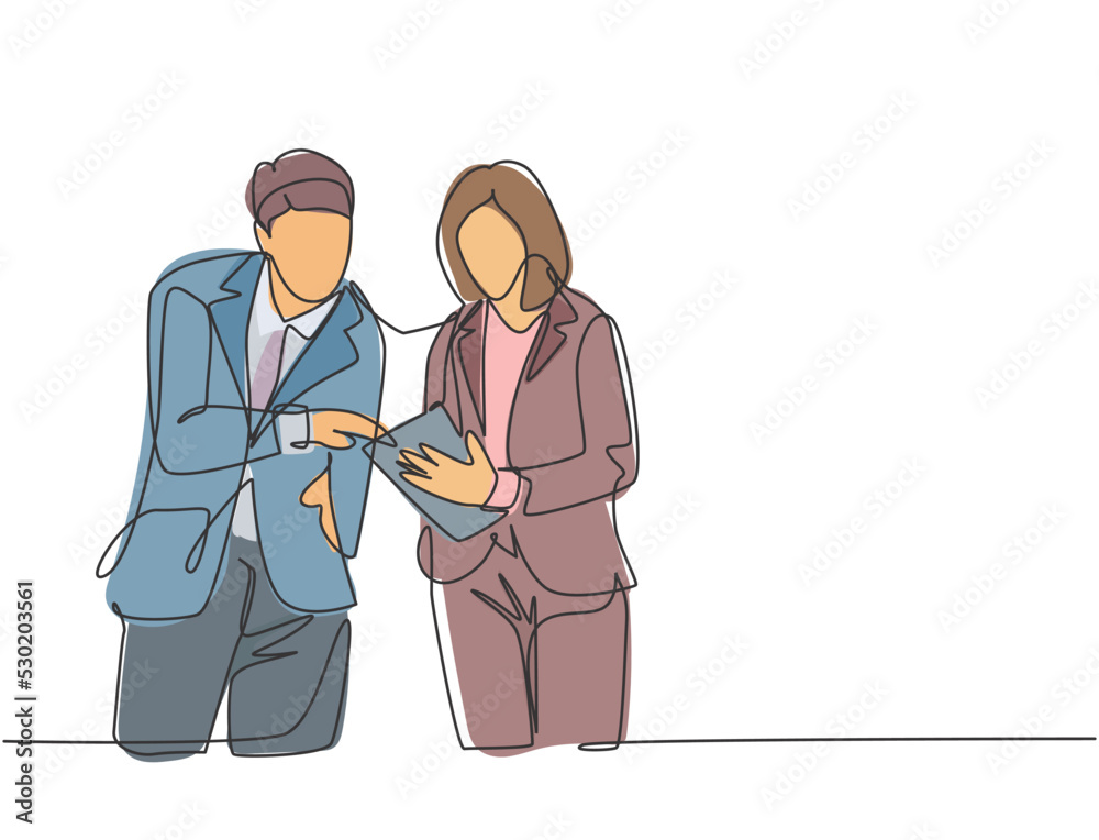 One continuous line drawing of young happy male and female marketing manager discussing sales progress on tablet phone. Online business report concept. Single line draw design vector illustration One continuous line drawing of young happy male and female marketing manager discussing sales progress on tablet phone. Online business report concept. Single line draw design vector illustration