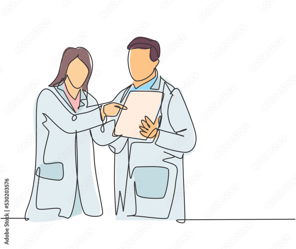 Single continuous line drawing of young male and female doctor discussing about health topic article on tablet. Medical healthcare service concept one line graphic draw design vector illustration Single continuous line drawing of young male and female doctor discussing about health topic article on tablet. Medical healthcare service concept one line graphic draw design vector illustration