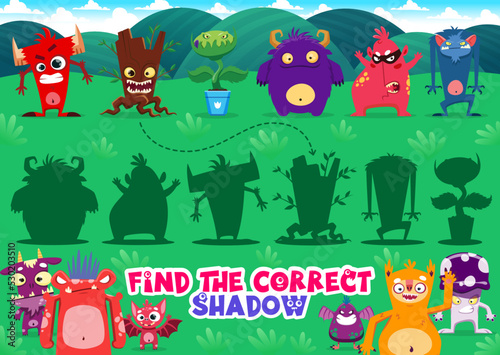 Find the correct shadow of cartoon monster characters. Similarity search game or kids playing activity vector worksheet with beasts, angry devil and sloth, predator plant, mushroom monster personages