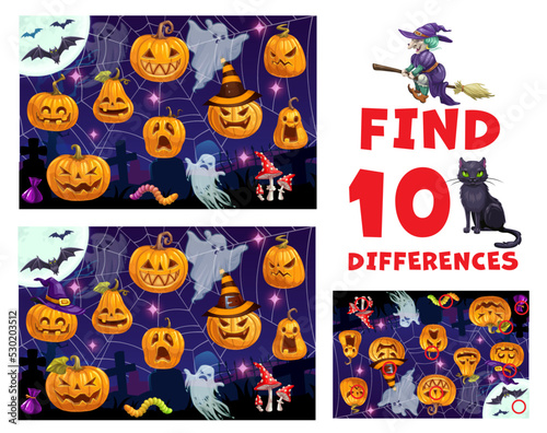Find ten differences. Halloween pumpkins. Difference search quiz or kids Halloween puzzle vector worksheet with Jack o lanterns faces, scary ghost on cemetery, witch flying on broom and black cat