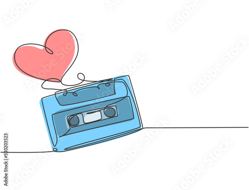 One continuous line drawing of creative retro and vintage cassette tape ribbon formed heart shaped. Romantic musical wedding invitation concept single line draw graphic design vector illustration