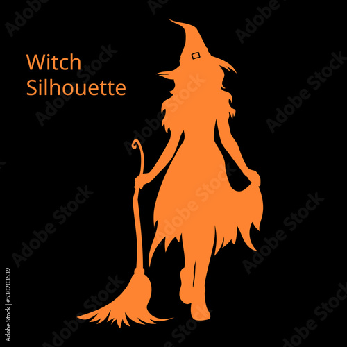 Silhouette of halloween beautiful sexy witch with broom and hat, vector illustration isolated