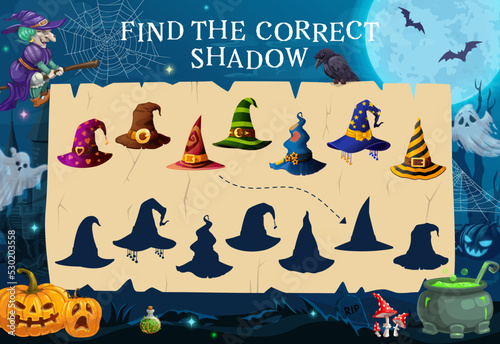 Find a correct shadow of Halloween witch hat. Shadow match riddle or children matching quiz vector worksheet with sorcerer or mage hats, witch on broom and Halloween pumpkin lantern, cemetery ghosts