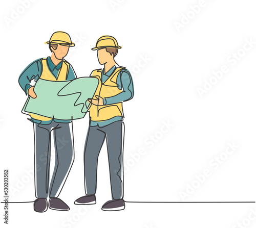 One continuous line drawing of young architect explaining building design blueprint to contractor. Construction business planning concept. Modern single line draw graphic design vector illustration