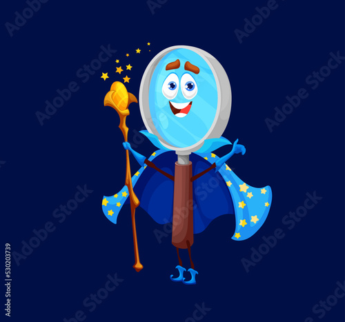 Cartoon school magnifying glass warlock, wizard or mage character. Isolated vector loupe wear astrologer cape with stars holding magic staff for Halloween party. Funny magnifier or zoom wiz personage