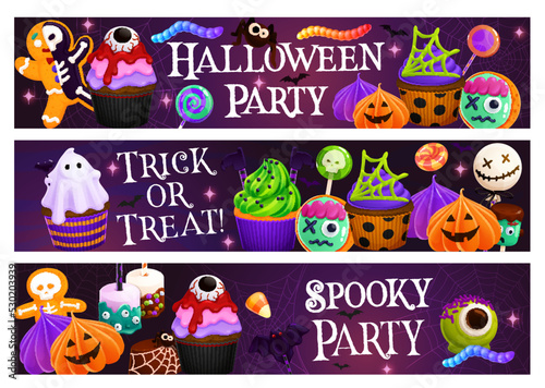 Cartoon Halloween sweets, dessert and cookies. Horizontal banner or vector background with skeleton cookie, muffin, creepy cupcake and skull lollypop candy, eyeball marshmallow and Halloween pastry