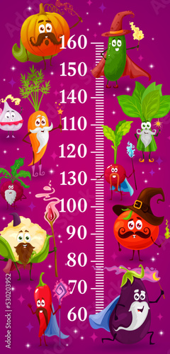 Cartoon vegetable wizards, magicians and sorcerers kids height chart. Vector wall sticker with ruler scale. Fairy carrot, spinach, pepper and tomato, cucumber, pumpkin, garlic and eggplant