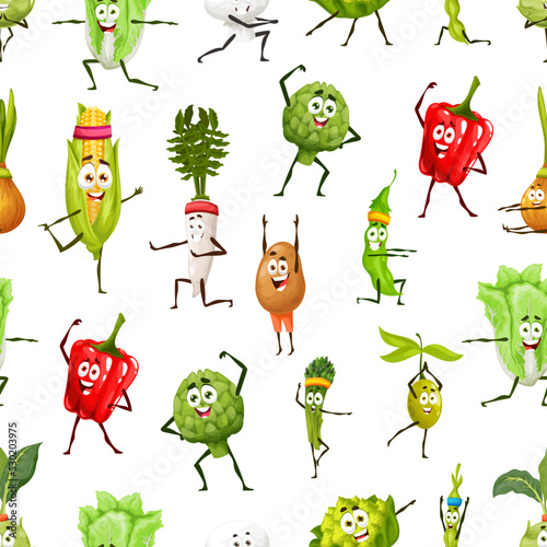 Cartoon vegetable characters on yoga or fitness sport, vector seamless pattern background. Funny vegetables, spinach sportsman or corn on pilates with potato in gym, healthy veggies athletes pattern