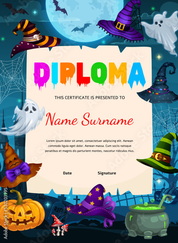 Kids diploma. Halloween witch hats, night cemetery landscape and castle. Elementary school child appreciation award or vector certificate with Halloween pumpkin, wizard hat, sorcerer cauldron, ghost