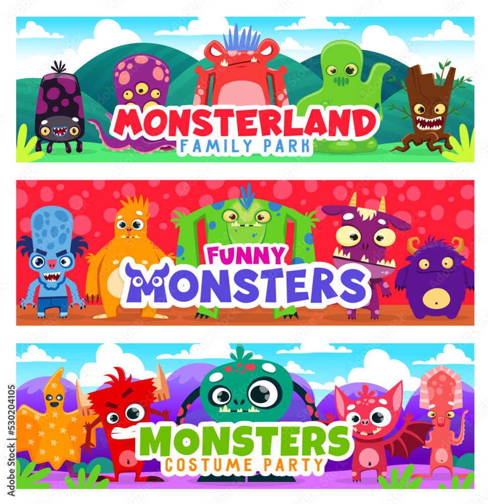 Naklejka premium Cartoon monster characters. Horizontal vector background or banner with five eyed octopus, slime monster and angry tree stump, evil blue zombie, funny yeti and furious devil strange monster personages