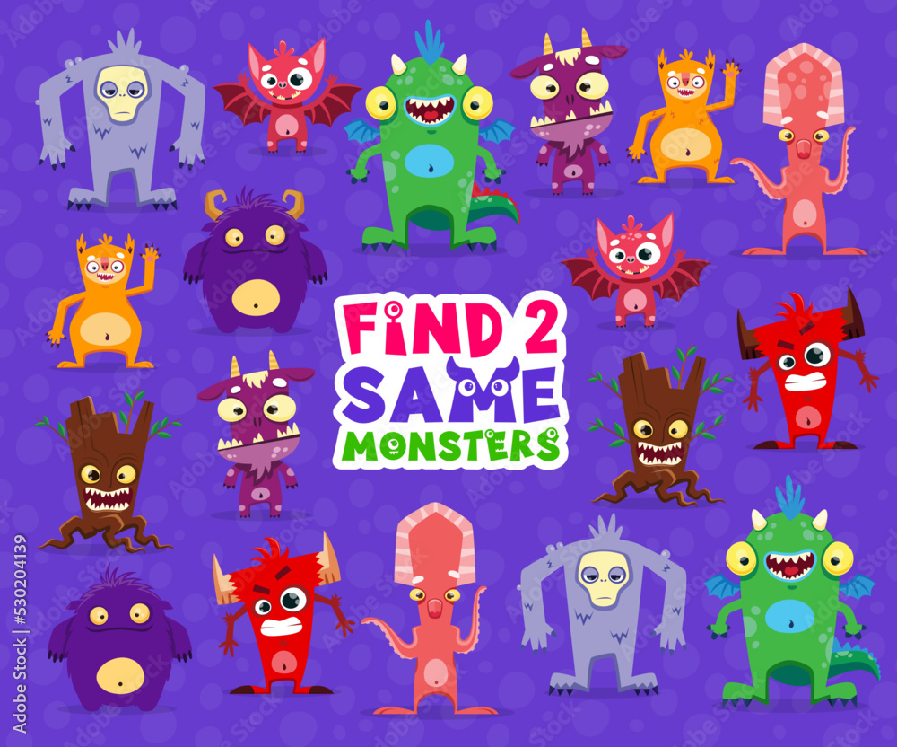 Find two same cartoon monster characters. Same picture finding quiz