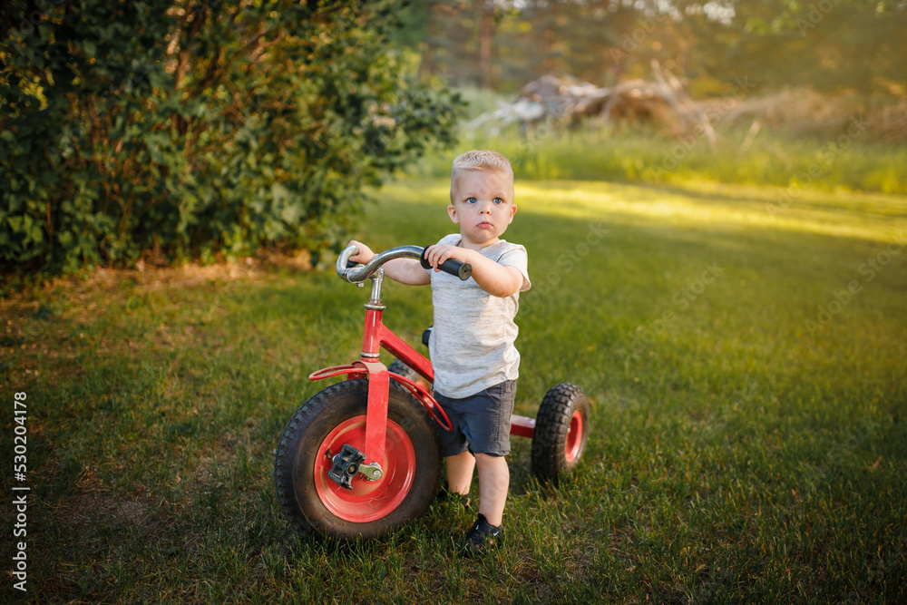 Boy standing with a red trike in the summer time Boy standing with a red trike in the summer time