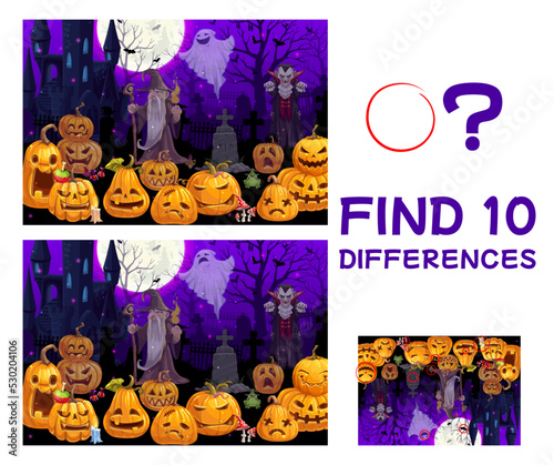 Find ten differences. Cartoon Halloween pumpkin lanterns on night cemetery. Halloween objects comparing or spotting puzzle game vector worksheet with Jack o lantern, mage, vampire and cemetery ghost