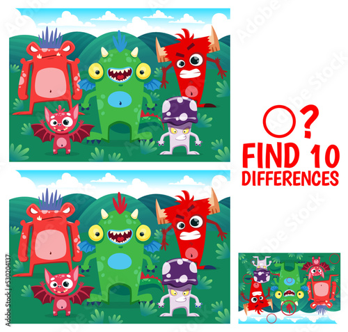 Find ten differences between cartoon monster characters. Difference search puzzle or game vector worksheet with funny dragon, angry mushroom and evil devil, bat, spooky alien cute monster personages
