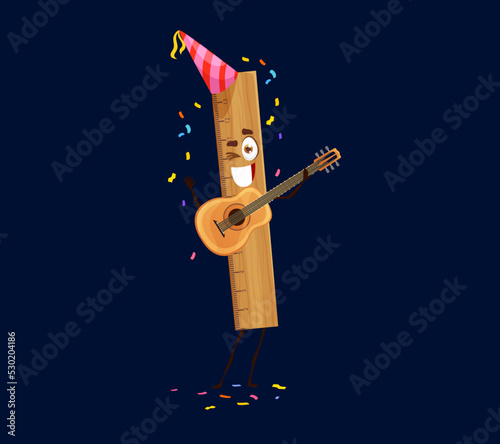 Holiday birthday celebration, cartoon wooden ruler character. Isolated vector smiling scale personage wear funny cap playing ukulele at festive pary with confetti. Happy straightedge stationery tool