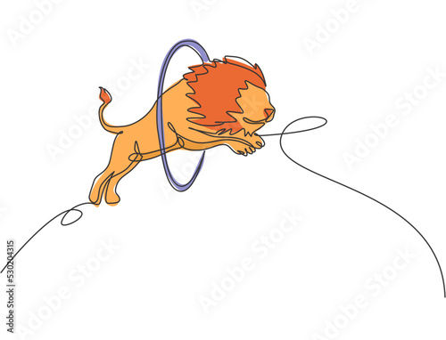 Single one line drawing of a lion jumping into the circle at a circus show. The trainer is watching carefully. Successful circus show concept. Continuous line draw design graphic vector illustration.