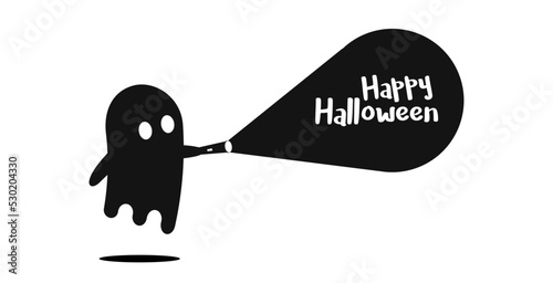 Cute ghost character just found the Happy Halloween message with his flashlight. Vector illustration