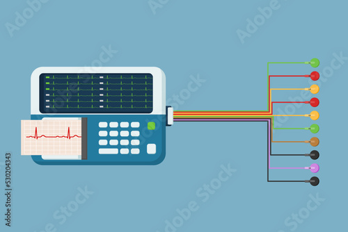 Electrocardiogram machine records electrical signals in the heart. It's a common and painless test used to quickly detect heart problems and monitor the heart's health. Diagnosis Medical equipment.