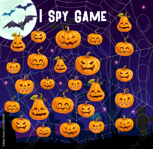 Halloween i spy game. Cartoon pumpkin lanterns in cobweb. Children counting puzzle or quiz vector worksheet with Halloween Jack o lanterns creepy faces, spider web and Dracula vampire, spider web