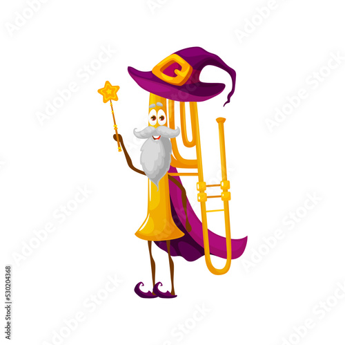 Cartoon elderly trombone magician character. Old fantasy wizard wind instrument, mage with magic wand. Isolated vector horn wear witch hat and cape woodwind pipe personage