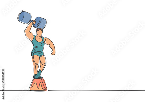 Single continuous line drawing strong people lift large dumbbells with only one hand while standing on the circus chair. Great show for the audience. One line draw graphic design vector illustration. photo