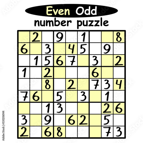 Even-Odd number puzzle for children and adults vector illustration. Place even numbers on yellow cells and odd numbers on white cells. Solve the puzzle by sudoku rules