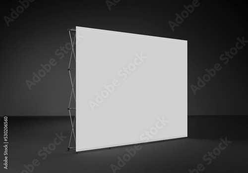 Fototapeta Naklejka Na Ścianę i Meble -  Trade exhibition stand, Wall Banner, 3D rendering visualization of exhibition product, Advertising wall rendered on a dark studio background with copy space.