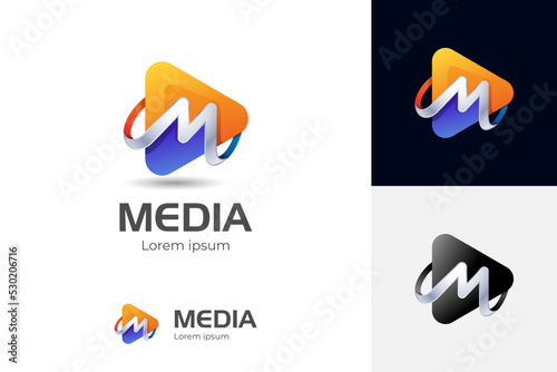 vector Media Play with Letter M Logo Design, Media Player Logo Icon, Modern Play Button Logo, 3d letter m triangle logo template