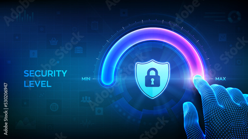 Increasing Security level. Cyber security concept. Wireframe hand is pulling up to the maximum position circle progress bar with the secure shield icon. Enhance data protection. Vector illustration.