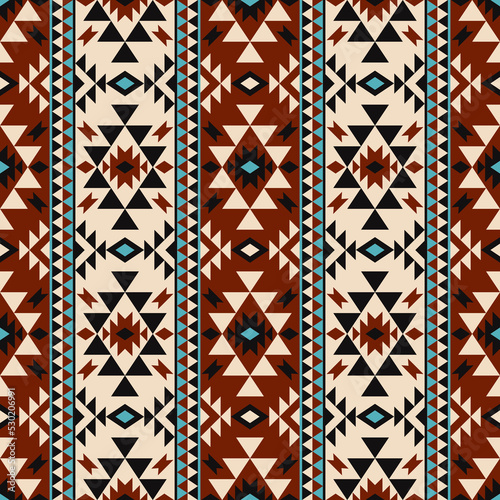 Ethnic geometric stripes pattern. Vector ethnic aztec geometric stripes vintage color seamless pattern background. Use for fabric, textile, ethnic interior decoration elements, upholstery, wrapping.
