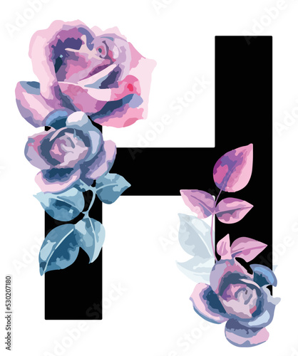 Single H letter with beautiful floral elements. alphabet with beautiful pink and indigo blue roses. Isolated on white background, editable. Signs and symbols, rose element. logo, floral, symbol