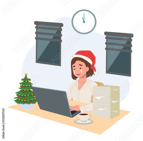 Business overwork concept. Businesswoman still working during Christmas. Sad woman is crying because have to work in Christmas. vector illustration.