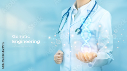 DNA sequence. Wireframe DNA molecules structure mesh. Doctor holding in hand the DNA code. Genetic engineering. Science and Technology concept. Vector illustration.