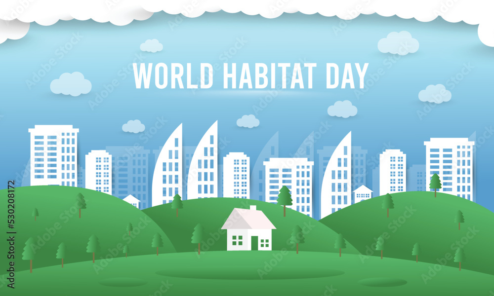 World habitat day flat design background with the clean city, natural tree