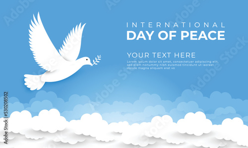 Photographie International day of peace flat banner background with dove cloud illustrated in