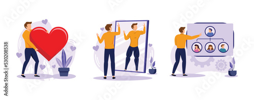 Personality trait abstract. Self-concept, self-esteem and organization, confidence, personal value, organize daily life. set flat vector modern illustration