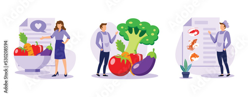 Organic food diet . Vegetarianism, raw veganism, seafood menu, healthy lifestyle, fish house, detox nutrition, juice and sprout. set flat vector modern illustration