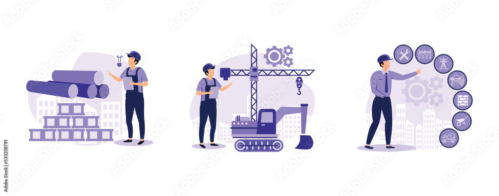 Fototapeta premium Construction technology innovation. Innovative construction materials, modern machinery, building information modeling. set flat vector modern illustration