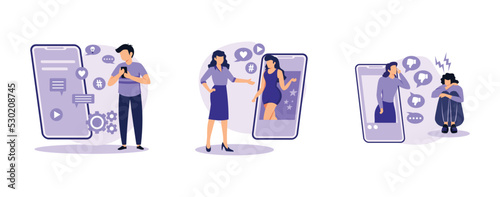 Celebrity media engagement. Social media star, merch clothing, sold-out event, account monetization, branded design. set flat vector modern illustration