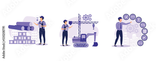Construction technology innovation. Innovative construction materials, modern machinery, building information modeling. set flat vector modern illustration