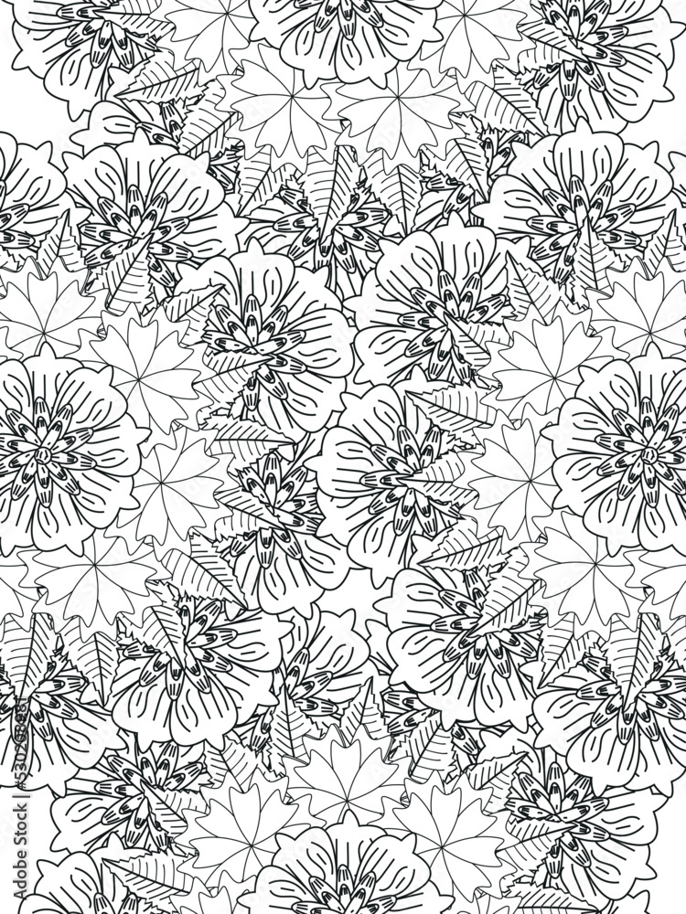 Doodle floral pattern in black and white. A page for coloring book: fascinating and relaxing job for children and adults. Zentangle drawing. Flower carpet in a magic garden Doodle floral pattern in black and white. A page for coloring book: fascinating and relaxing job for children and adults. Zentangle drawing. Flower carpet in a magic garden