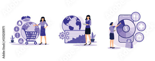World economy. World consumption, intermediate and household consumption, goods and services, global statistics agency. set flat vector modern illustration