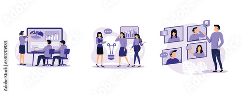 Team communication. Meeting and brainstorm, online meetup, corporate presentation, creative ideas and solutions, teamwork. set flat vector modern illustration