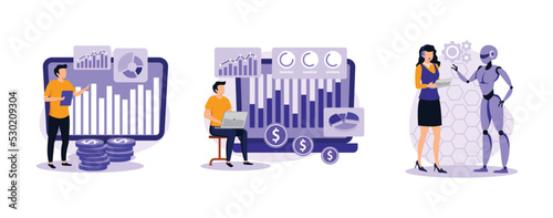 Big data. Analytics and data science, financial data management, artificial intelligence, risk management, machine learning. set flat vector modern illustration