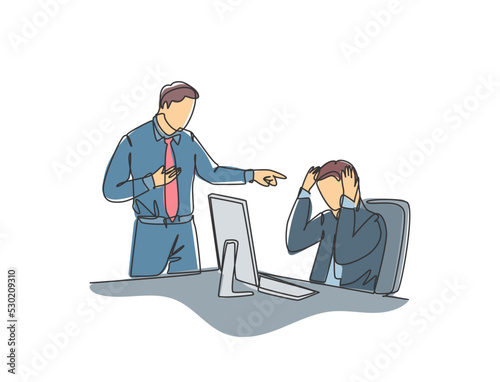 One single line drawing of young upset manager pointing finger to his stressful staff and blaming the staff about bad work performance. concept continuous line draw design graphic vector illustration