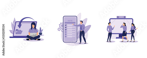 Digitalization. Digital transformation, electronic voting, people counter system, paperless workflow, internet ballot. set flat vector modern illustration