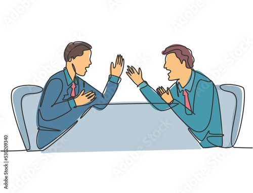 One single line drawing of young angry businessman screaming to his shouting business partner then they blaming each others. Business problem concept continuous line draw design vector illustration